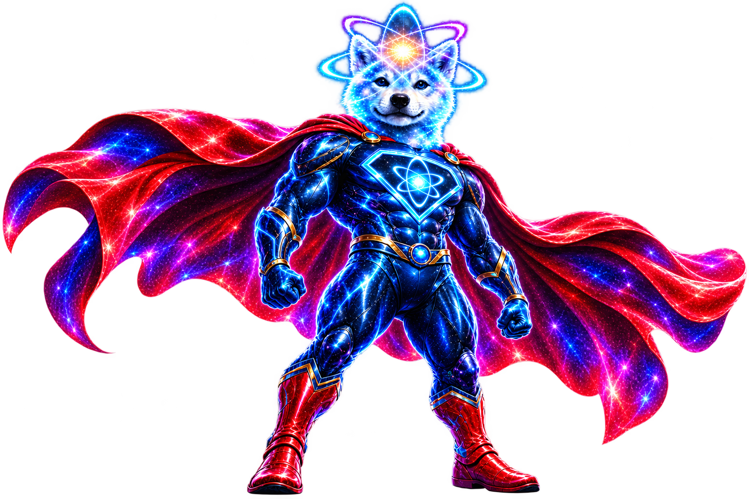 Super Quantum Inu, a cosmic Shiba Inu superhero in navy armor with a flowing red cape and glowing quantum rings